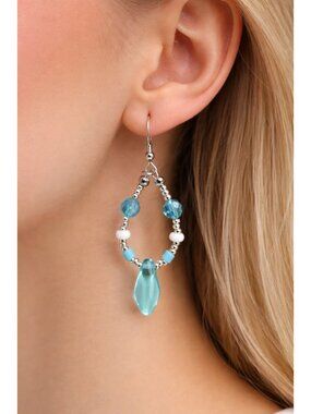 REIMAGINED Aqua Blue Glass Bead Dangle Earrings 2.25” Teardrop